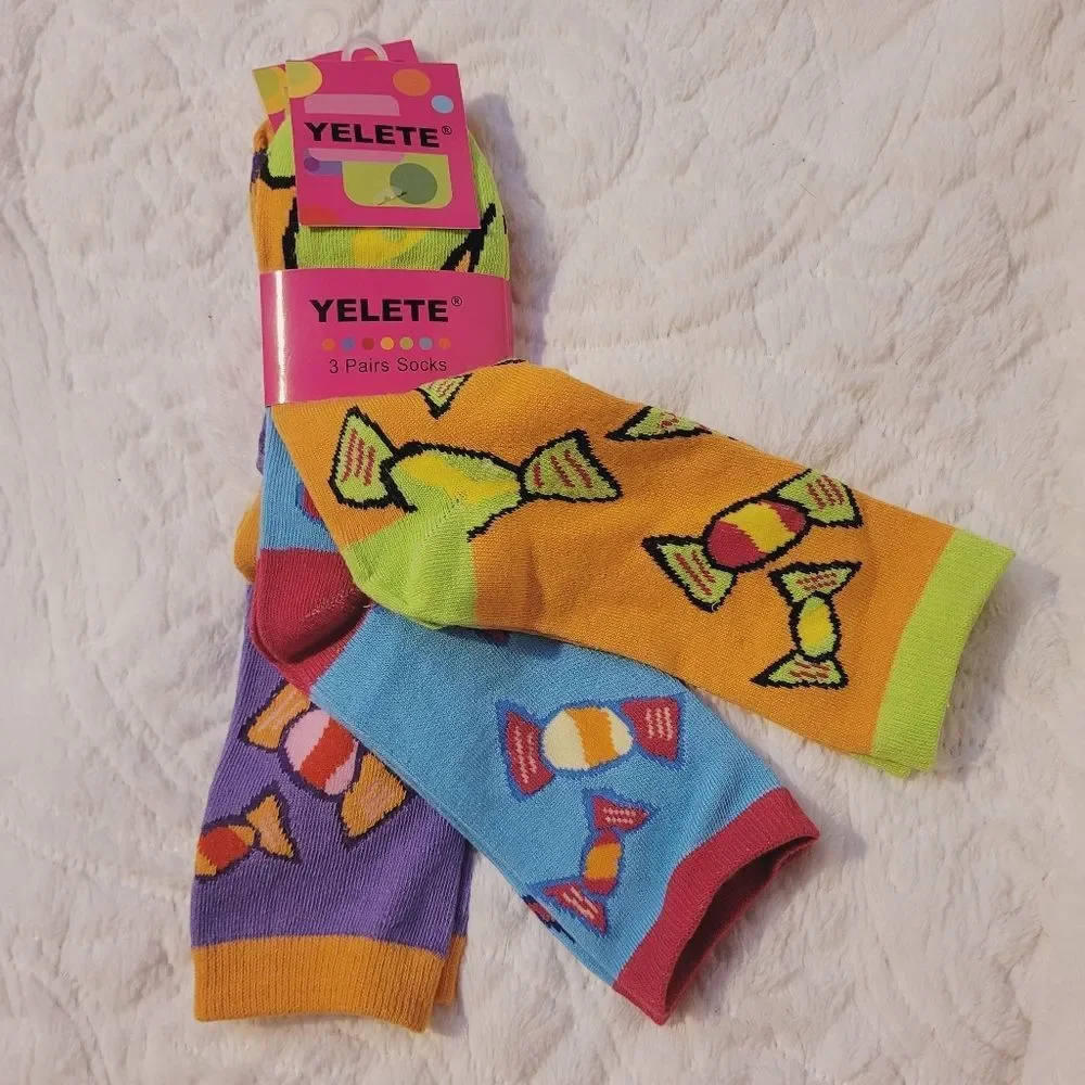 Yelete Big Candy Novelty Crew Socks 3 Pair Bright Bold Colors Size 9-11 New